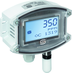 Multifunktionaler Aufputzfühler für Feuchte, Temperatur und CO2 - Gehalt, kalibrierfähig, mit aktivem / schaltendem Ausgang AERASGARD AFTM-CO2-W LCD, mit LCD-Anzeige, mit Kunststoff-Sinterfilter - S+S Regeltechnik