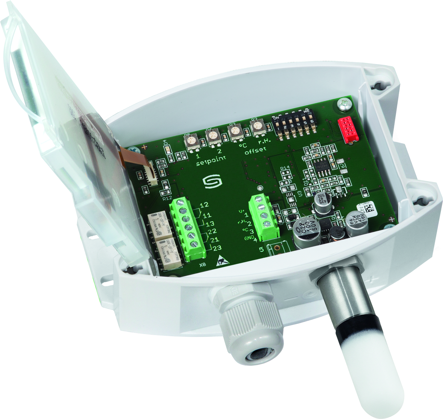 HYGRASREG AHT-30W-I LCD, mit geöffneter Abdeckung und LCD-Anzeige - S+S Regeltechnik