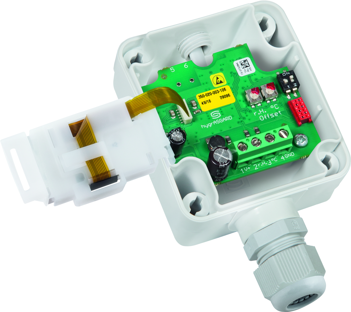 HYGRASGARD DFF-U LCD, mit geöffneter Abdeckung und LCD-Anzeige, mit Sinterfilter - S+S Regeltechnik