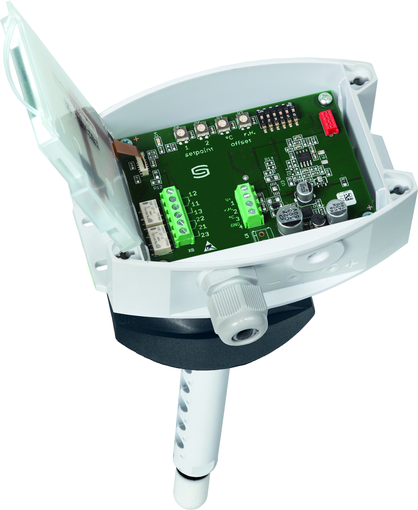 HYGRASREG KHT-30W-I LCD, mit geöffneter Abdeckung und LCD-Anzeige - S+S Regeltechnik