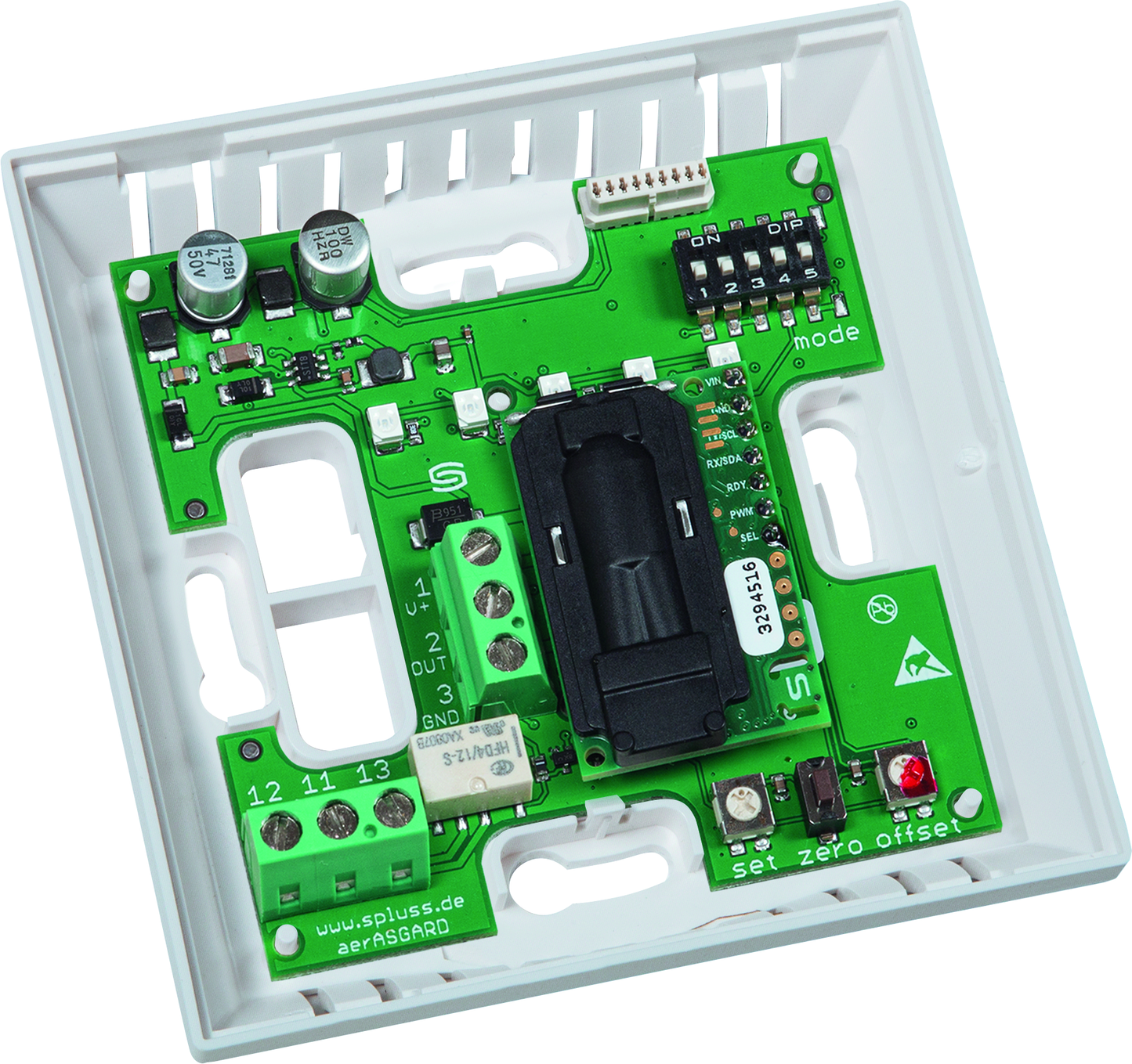 AERASGARD RCO2-W-A, mit geöffneter Abdeckung und sichtbarer Platine, mit Sinterfilter - S+S Regeltechnik