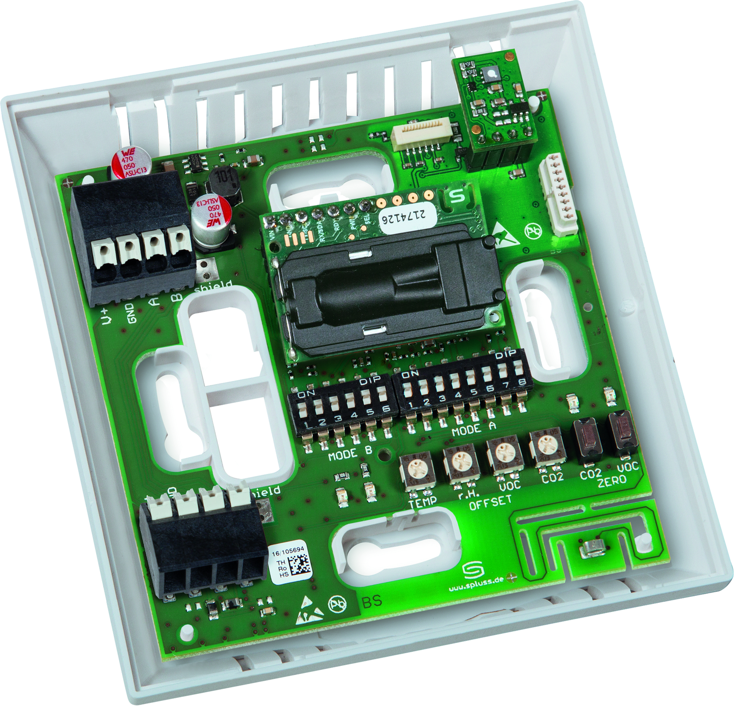 AERASGARD RFTM-LQ-CO2-Modbus, mit geöffneter Abdeckung und sichtbarer Platine, mit Sinterfilter - S+S Regeltechnik