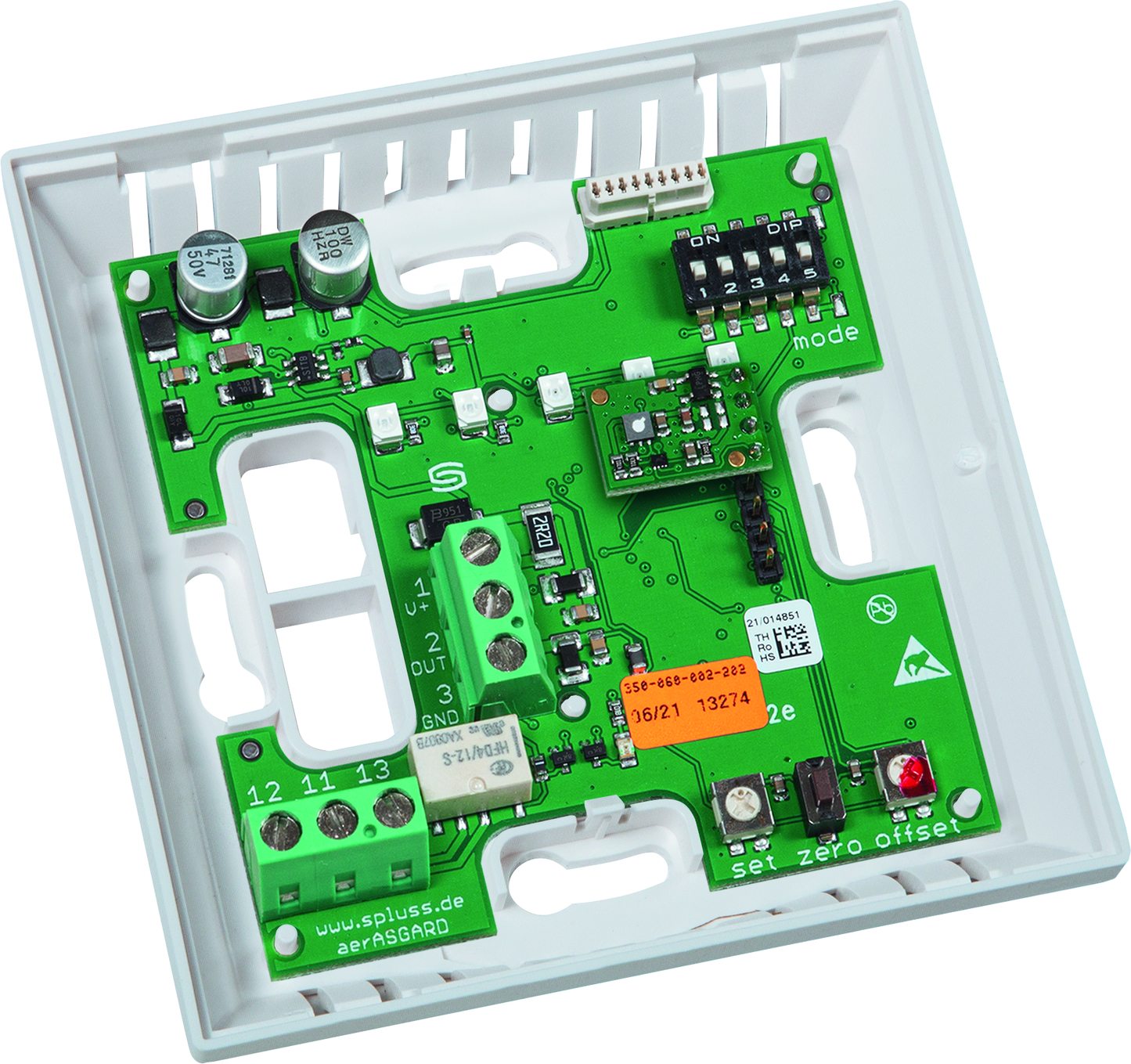 AERASGARD RLQ-W, mit geöffneter Abdeckung und sichtbarer Platine, mit Sinterfilter - S+S Regeltechnik