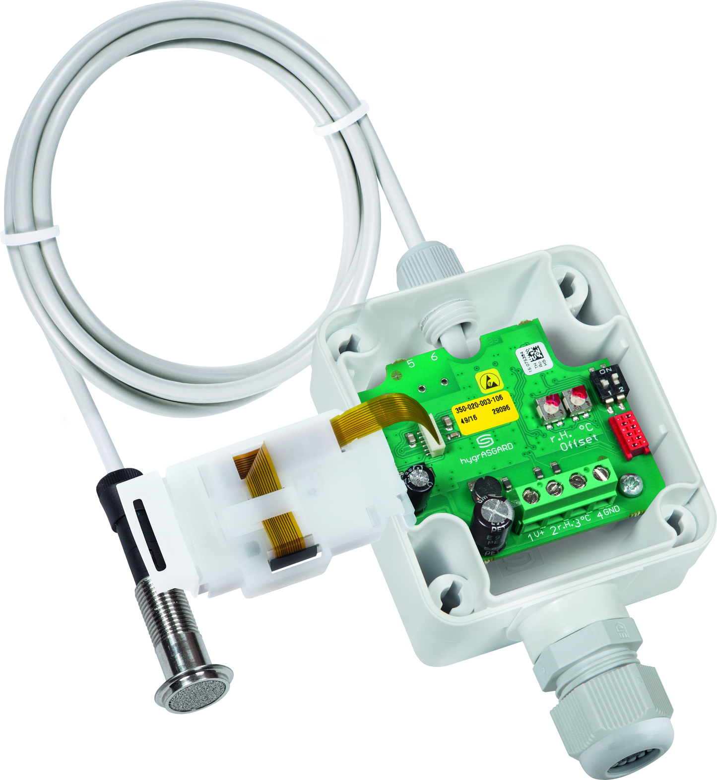 HYGRASGARD VFF-I LCD, mit geöffneter Abdeckung und LCD-Anzeige, mit Sinterfilter - S+S Regeltechnik