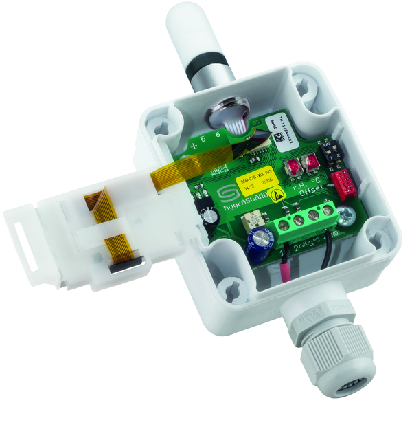 HYGRASGARD AAVTF-I LCD, mit geöffneter Abdeckung und LCD-Anzeige, mit Kunststoff-Sinterfilter - S+S Regeltechnik