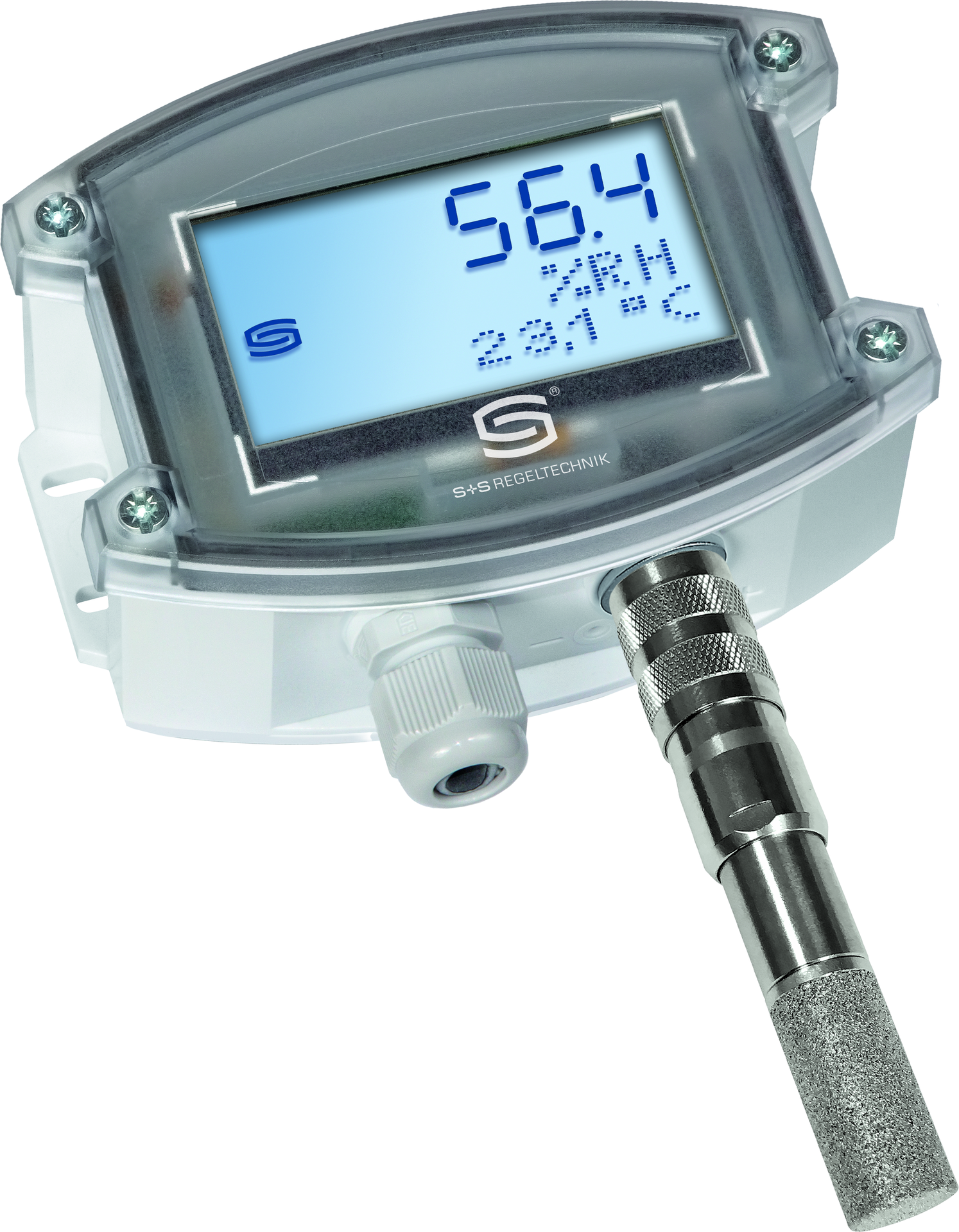 HYGRASGARD AFTF-25-I LCD, mit geöffneter Abdeckung, mit Metall-Sinterfilter - S+S Regeltechnik