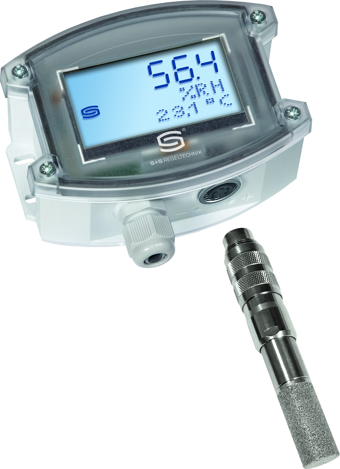HYGRASGARD AFTF-25-I LCD, mit geöffneter Abdeckung, mit Metall-Sinterfilter - S+S Regeltechnik