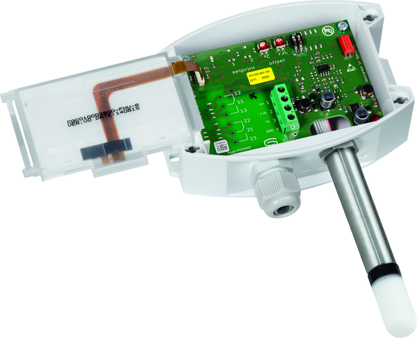 HYGRASGARD AFF-20-U LCD, mit geöffneter Abdeckung und LCD-Anzeige, mit Kunststoff-Sinterfilter - S+S Regeltechnik