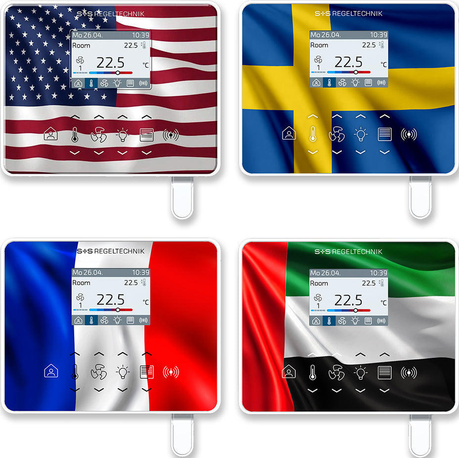 RYMASKON® RYM 1461C-RH-WMOD controllers with flags of USA, Sweden, France, and Italy, showcasing room climate control features.