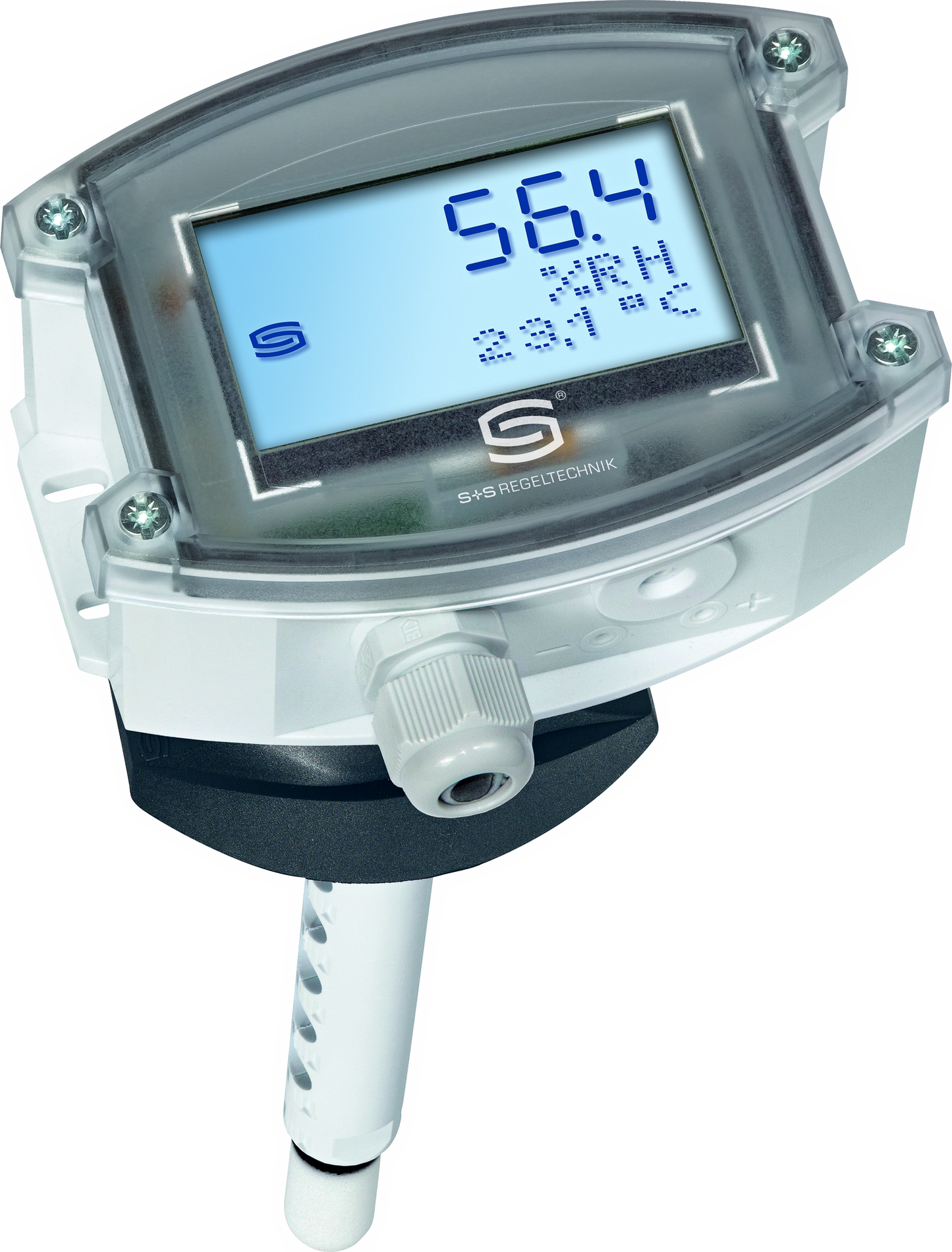 HYGRASGARD KFF-20-I LCD, mit geöffneter Abdeckung, mit Kunststoff-Sinterfilter - S+S Regeltechnik