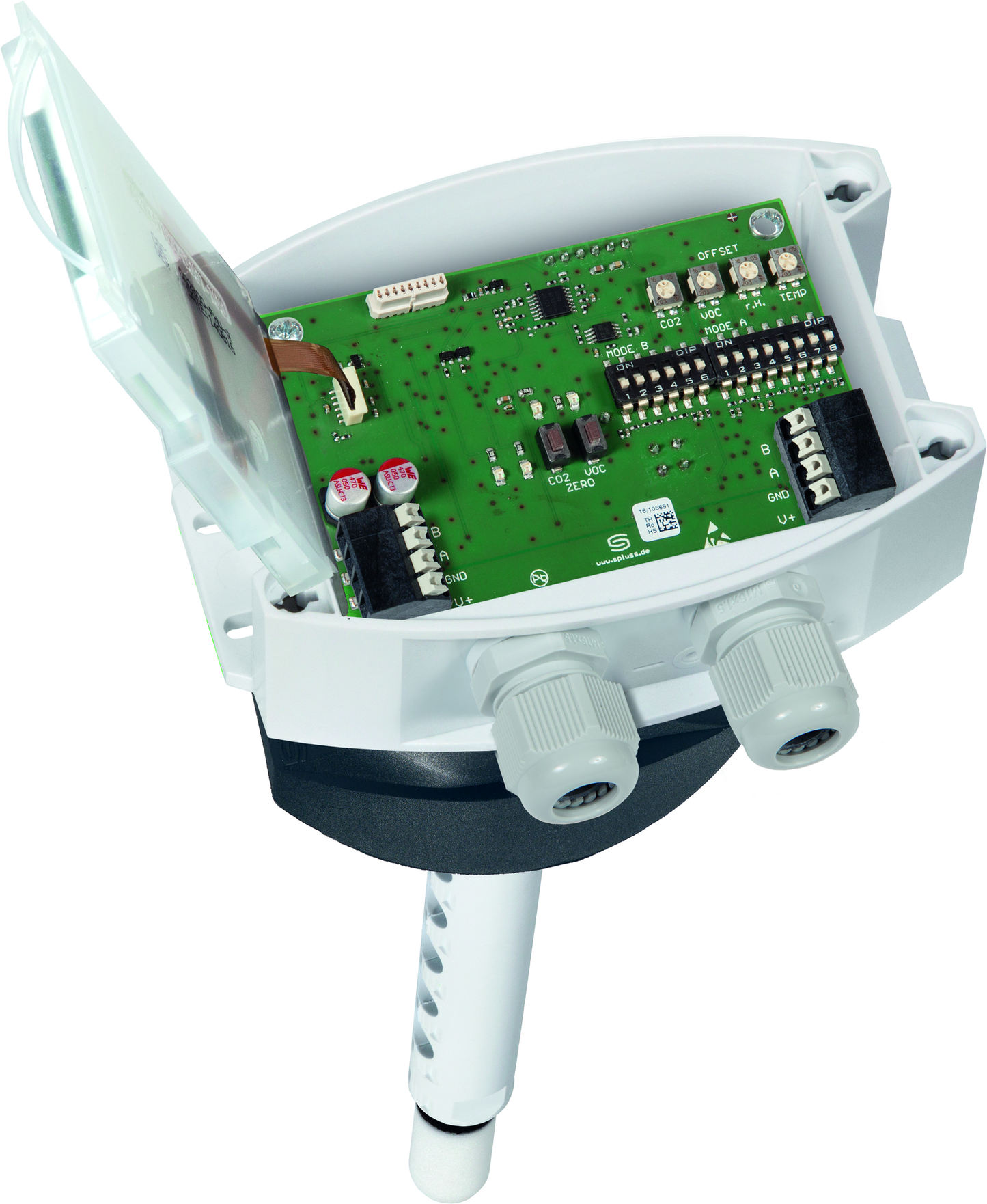 AERASGARD KFTM-CO2-Modbus LCD, mit geöffneter Abdeckung und LCD-Anzeige, mit Sinterfilter - S+S Regeltechnik