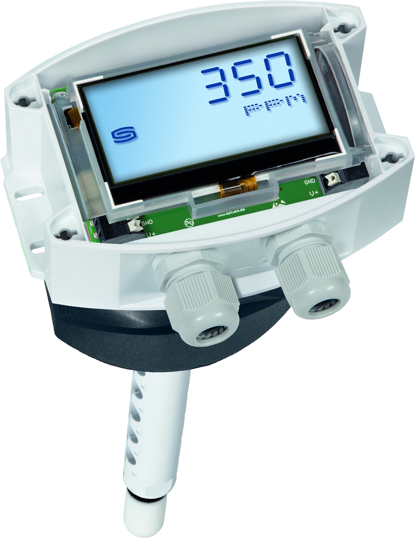 AERASGARD KFTM-CO2-Modbus LCD, mit geöffneter Abdeckung, mit Sinterfilter - S+S Regeltechnik
