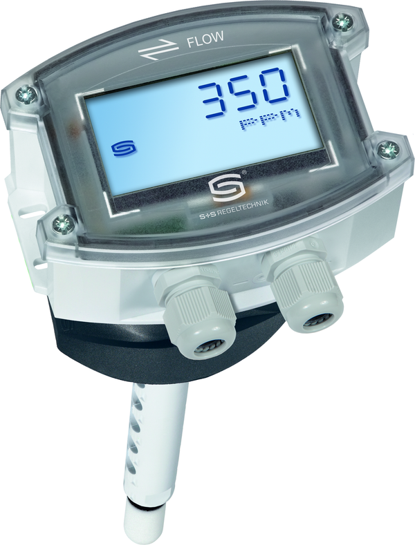 AERASGARD KFTM-CO2-Modbus LCD, mit geöffneter Abdeckung, mit Metall-Sinterfilter - S+S Regeltechnik