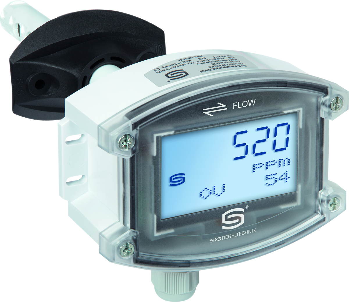 Kanal-Luftqualitäts- (VOC) und CO2-Fühler AERASGARD KLQ-CO2-W LCD, mit LCD-Anzeige, mit Metall-Sinterfilter - S+S Regeltechnik