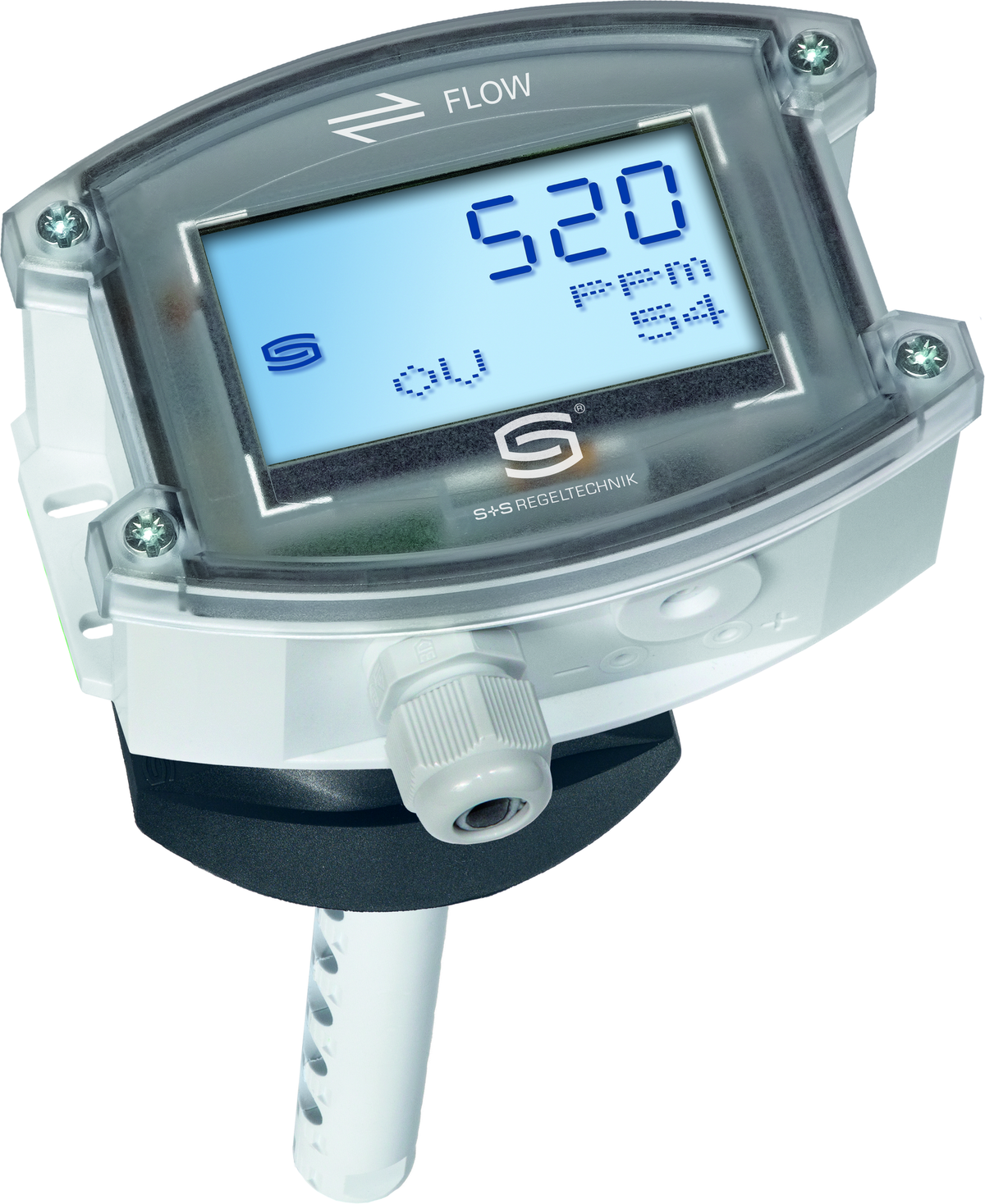 AERASGARD KLQ-CO2-W LCD, mit geöffneter Abdeckung, mit Metall-Sinterfilter - S+S Regeltechnik