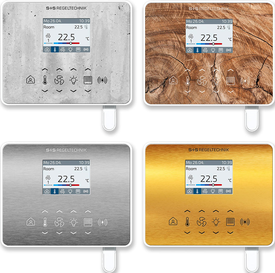 RYMASKON® RYM 1461C-RH-WMOD room controllers in four finishes: concrete, wood, stainless steel, and gold.