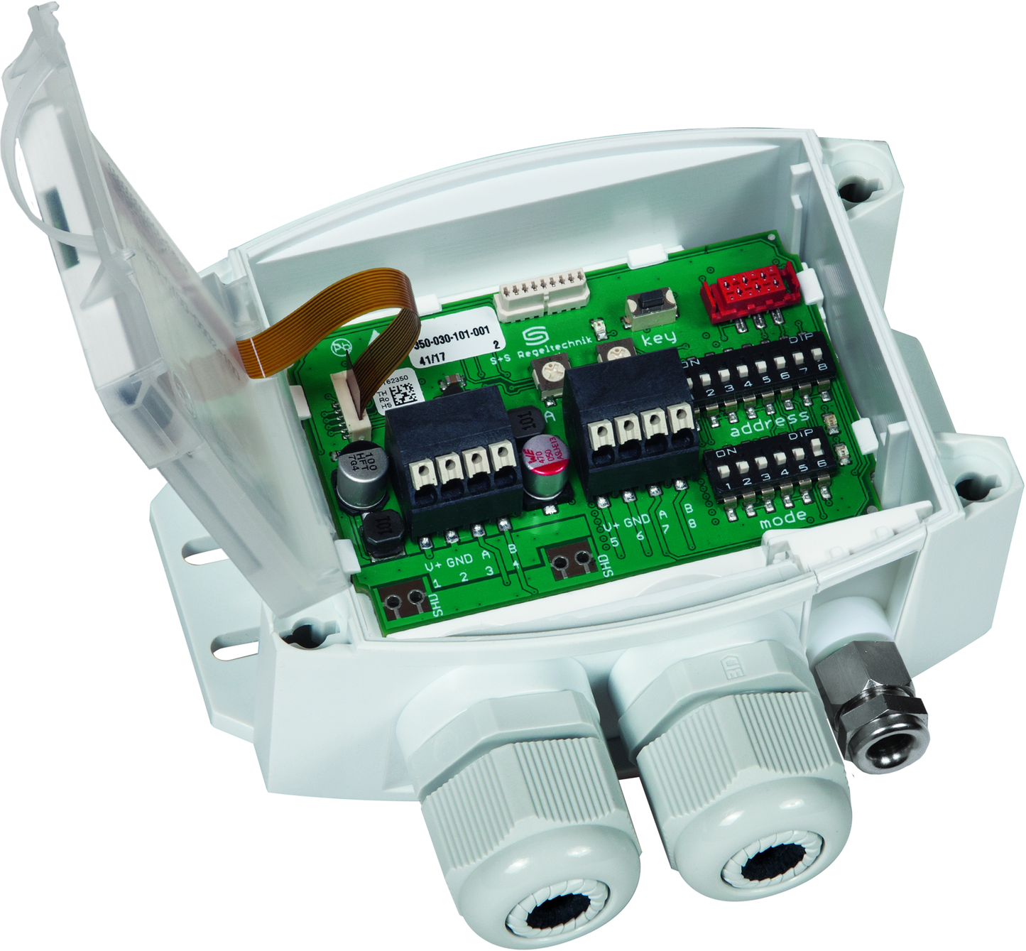 HYGRASGARD RPFTF-Modbus-T3 LCD, mit geöffneter Abdeckung und LCD-Anzeige, mit Sinterfilter - S+S Regeltechnik