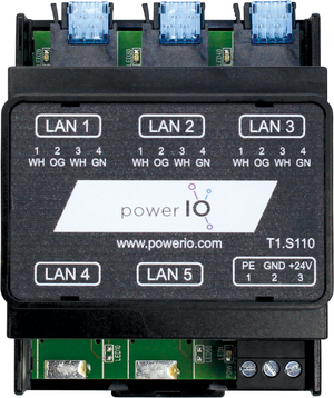 Switch, Anschluss: bis zu 3x powerIO®-Lines / 2x RJ45 Ethernet-Kabel mit geöffnetem Gehäuse und Anschlussklemmen