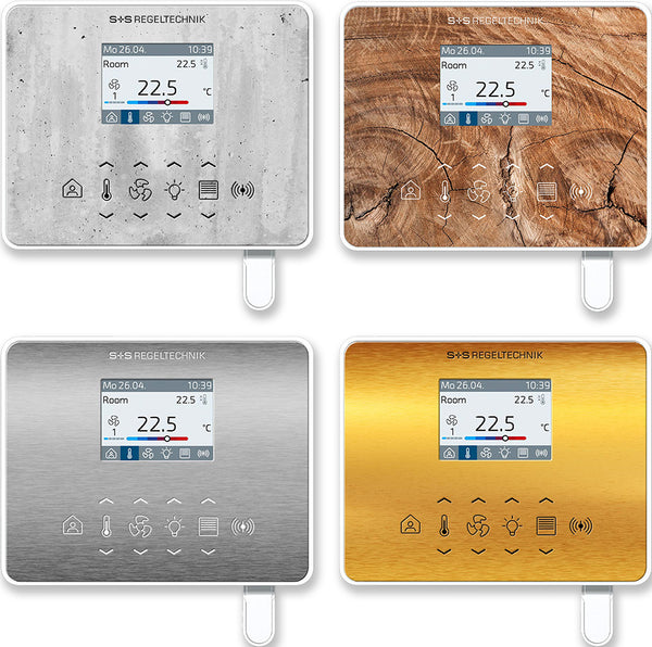 Controladores de sala RYMASKON® RYM 1461C-RH-WMOD en cuatro acabados: hormigón, madera, acero inoxidable y oro.